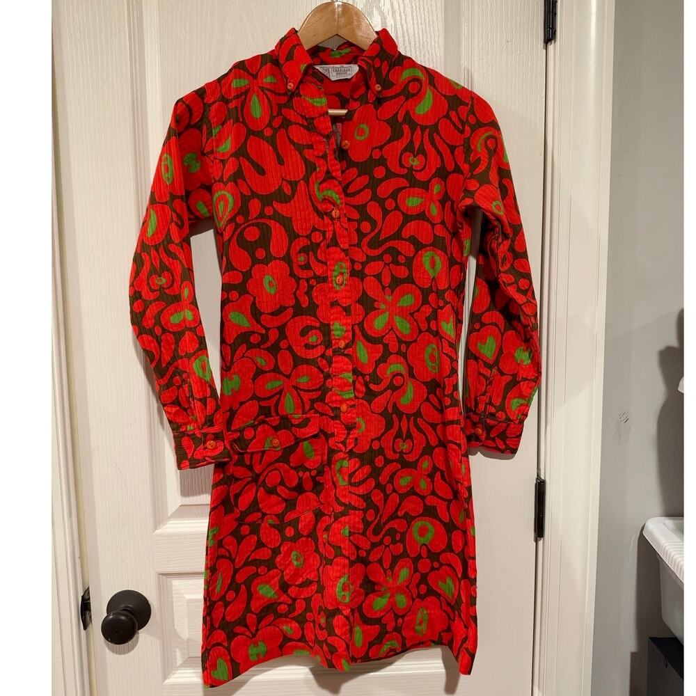 Girls Vintage Carriage House cotton dress floral red brown green size 9/10 70s
